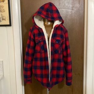 Fleece lined red plaid hooded button up